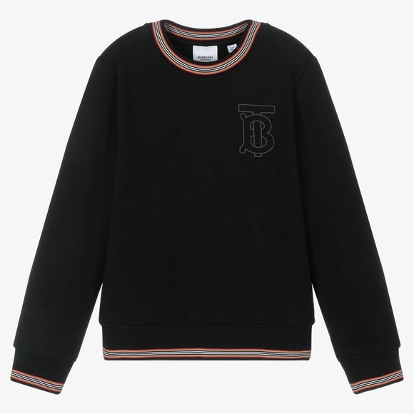 Burberry Black Crewneck Sweatshirt with Striped Accents and Logo - Size 12 Youth - Picture 1 of 8